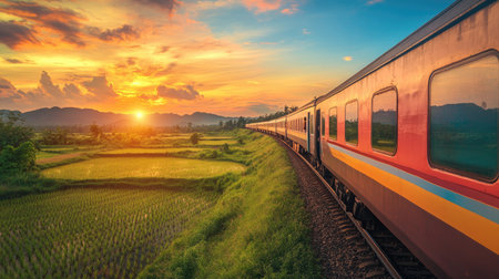 A stunning view of a train traveling through a vibrant landscape at sunset, showcasing the beauty of nature and the countryside in a serene atmosphere.の素材