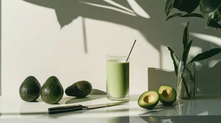 A minimalist setup featuring a refreshing avocado smoothie beside fresh avocados in natural light, creating a vibrant and healthy atmosphere perfect for wellness.の素材