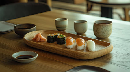 A minimalistic setup featuring sushi on a wooden plate, complemented by elegant ceramic cups, showcasing a refined dining experience in a serene atmosphere.の素材