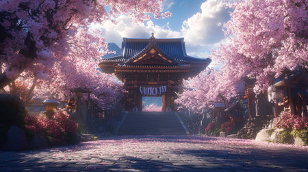A breathtaking view of a cherry blossom pathway leading to a shrine in the USA, showcasing delicate pink flowers against a serene sky, perfect for nature lovers.の素材