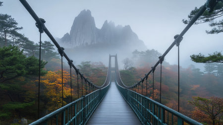 A serene suspension bridge stretches over misty mountains, surrounded by vibrant autumn foliage. A tranquil scene perfect for adventure and exploration photography.の素材