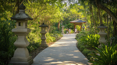 A tranquil garden path leads to a picturesque shrine in the USA, inviting visitors to experience nature's beauty and serenity. Perfect for relaxation.の素材