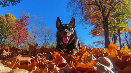 A joyful dog plays in a colorful pile of autumn leaves, capturing the essence of fall. Sun shines brightly in a vibrant outdoor setting, showcasing nature's beauty.の素材