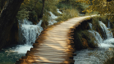 Discover a serene winding wooden path that traverses through lush greenery and flowing water, inviting exploration and tranquility in nature.の素材