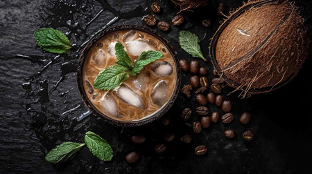 This image showcases a refreshing iced coconut coffee garnished with mint leaves, surrounded by coffee beans and coconut shell, perfect for summer enjoyment.の素材