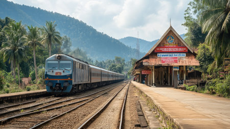 A modern railway station in Laos showcases a train ready for departure amidst picturesque mountains and lush greenery. Experience the serenity of Southeast Asian travel.の素材