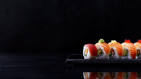 A visually striking sushi set presented on a sleek black background, showcasing vibrant colors and intricate details, perfect for food enthusiasts and culinary art lovers.の素材