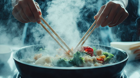 A pair of hands skillfully uses chopsticks to prepare a delicious Shabu Shabu meal in a steaming pot. Colorful ingredients blend together, evoking culinary delight.の素材