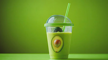 A vibrant avocado smoothie served in a clear portable cup, perfect for on-the-go enjoyment. Enjoy the refreshing taste of nutritious ingredients in style.の素材