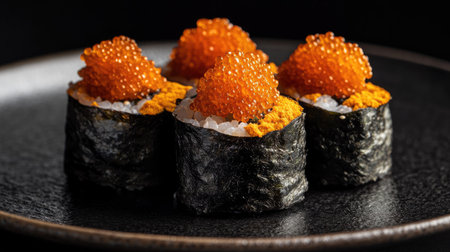 Experience a stunning plate of fresh uni sushi topped with vibrant sea flavors. Perfect for gourmet dining, this delicious dish showcases culinary artistry.の素材