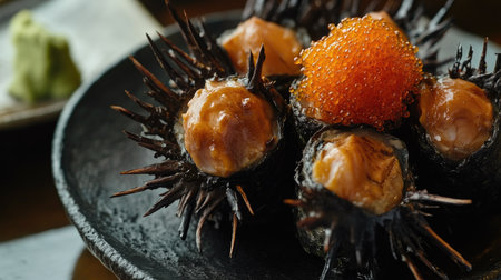 A close-up view of fresh sea urchin sushi topped with vibrant roe on a stylish black plate, perfect for showcasing gourmet Japanese cuisine.の素材
