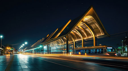 A stunning nighttime view of Vientiane Station showcasing its unique architecture and vibrant lights. This photo captures the movement of a tram along with the lively urban atmosphere, ideal for travel enthusiasts and urban planners.の素材