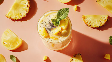 A vibrant pineapple smoothie garnished with mint and poppy seeds, beautifully presented on a bright surface. Perfect for a refreshing snack or beverage.の素材
