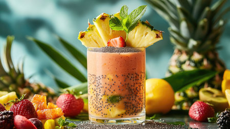 A colorful and refreshing tropical smoothie featuring fresh fruits, garnished with mint and chia seeds. Perfect for a healthy beverage choice or summer indulgence.の素材
