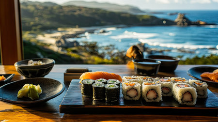 Experience a stunning coastal view featuring traditional sushi beautifully displayed on a table, blending nature's beauty with culinary art. Enjoy the vibrant colors and fresh ingredients in this serene seaside setting.の素材