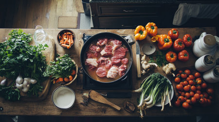 A rustic hotpot setup featuring raw meat surrounded by fresh ingredients like colorful vegetables and herbs. Perfect for culinary and food preparation themes.の素材