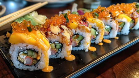 Discover a stunning assortment of unique sushi rolls beautifully presented on a black plate. Perfect for sushi lovers and gourmet experiences.の素材