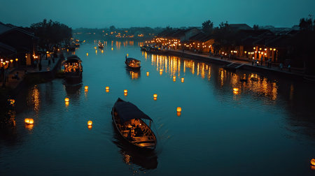 Experience the enchanting beauty of a boat ride along the Thu Bon River at dusk, illuminated by glowing lanterns and surrounded by tranquil waters and scenic views.の素材