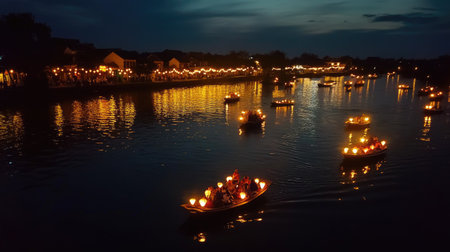 Enjoy a serene boat ride along the Thu Bon River at dusk, illuminated by warm lights. This picturesque scene captures the beauty of evening reflections and tranquil waters.の素材