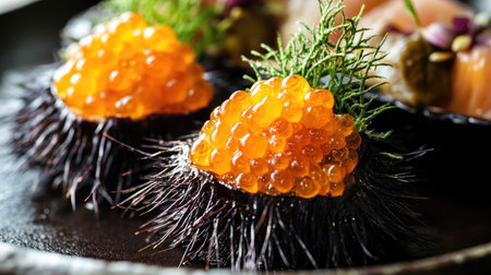Discover a stunning sashimi presentation featuring exquisite uni served on a dark plate, highlighting the vibrant colors and textures of fresh seafood.の素材