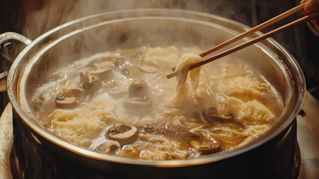 A steaming hotpot filled with fresh ingredients like mushrooms and noodles. Perfect for sharing, this dish brings warmth and flavors to any meal gathering.の素材