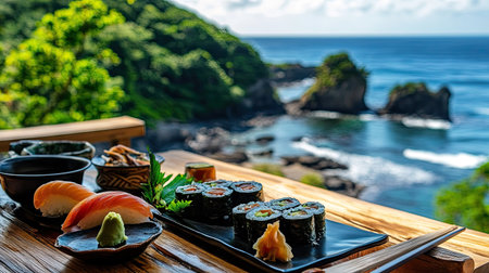 Enjoy a scenic coastal view featuring a traditional sushi dish against a backdrop of the sparkling ocean. Perfect for food and travel lovers.の素材