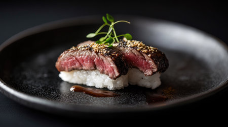 Indulge in a sophisticated wagyu sushi creation, showcasing a perfectly seared slice of beef on a delicate rice base. An elegant culinary experience.の素材