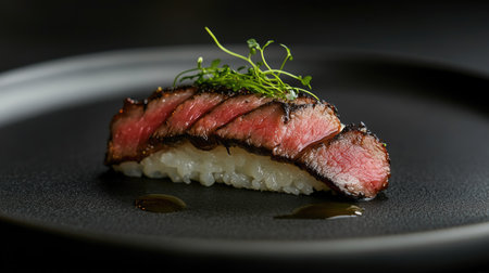 Discover a beautifully crafted wagyu sushi piece, showcasing the perfect balance of tender beef on a delicate bed of rice. Ideal for culinary delights.の素材