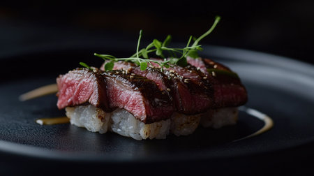 A refined piece of wagyu sushi artfully presented on a sleek black plate. The dish showcases the exquisite flavor and texture of premium beef, garnished for visual appeal.の素材