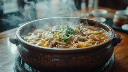 A steaming Japanese hotpot filled with fresh ingredients and savory broth sits on a wooden table, showcasing the warmth and comfort of traditional cuisine.の素材