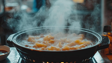 A steaming Japanese style hotpot filled with various ingredients, creating a warm and inviting dining experience. Perfect for sharing and enjoying flavor.の素材