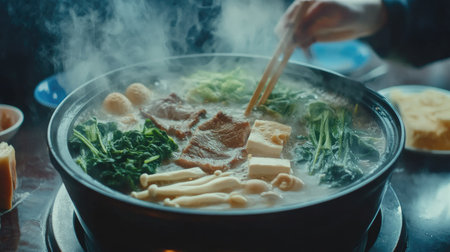 A vibrant hotpot filled with fresh ingredients like vegetables and meat, steaming as it's being served. Perfect for cozy dining experiences.の素材
