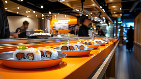 Enjoy a vibrant dining experience with fresh sushi served on a conveyor belt at a modern restaurant. Perfect for sushi lovers seeking quality and taste.の素材