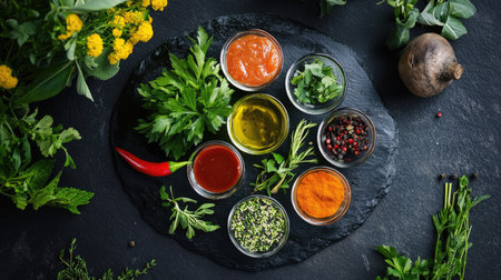 A vibrant arrangement of sushi ingredients, including herbs, spices, and sauces, beautifully presented on a black stone plate, perfect for culinary displays.の素材