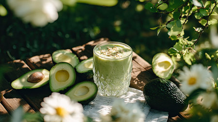 A vibrant avocado smoothie served in a sunny outdoor setting, surrounded by fresh avocados and flowers. Perfect for a healthy lifestyle and refreshing drink idea.の素材