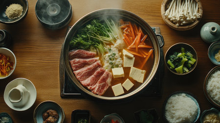 Experience the warmth of a traditional Japanese hotpot meal, featuring fresh ingredients like vegetables and meat simmering in a flavorful broth, perfect for sharing with loved ones.の素材