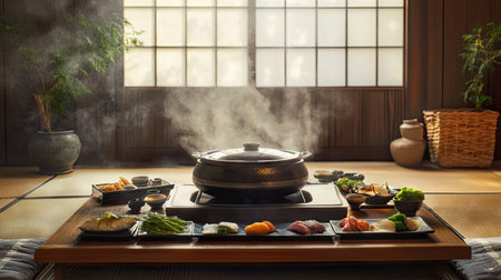 Experience the tranquility of a traditional Japanese tatami room featuring a beautifully arranged dining setup with steaming dishes and natural decor.の素材