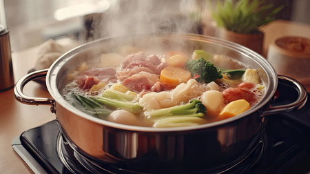 A steaming traditional Japanese hotpot filled with fresh vegetables, meats, and rich broth, perfect for communal dining and enjoying a warm meal together.の素材