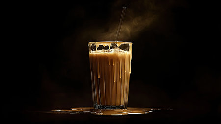 A striking image of a tall glass filled with iced coffee, featuring creamy drips and a sleek straw. Perfect for beverage enthusiasts and cafの素材
