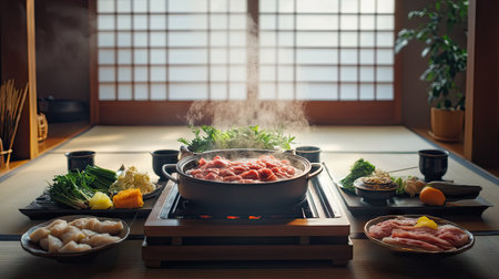 Experience the cozy ambiance of a traditional Japanese tatami room, featuring a steaming hot pot at the center, surrounded by fresh ingredients and vibrant colors.の素材