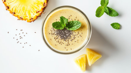 A vibrant tropical smoothie featuring ripe pineapple, fresh mint leaves, and chia seeds, perfect for a refreshing summer drink or healthy snack.の素材