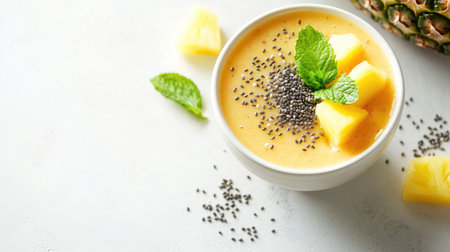 Enjoy a vibrant tropical smoothie featuring fresh pineapple, chia seeds, and mint. Perfect for a refreshing drink or healthy dessert option.の素材