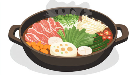 A beautifully illustrated traditional Japanese hotpot showcasing fresh ingredients like vegetables and meats, embodying a cozy dining experience full of flavors.の素材