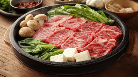 A beautifully arranged traditional Japanese shabu shabu setup featuring fresh beef, vegetables, and tofu, ready for cooking in a communal broth. Perfect for sharing.の素材
