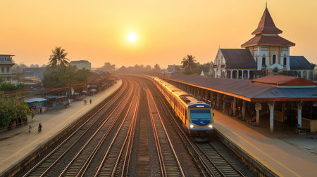 Capture the idyllic scene of Vientiane's train station at sunset, featuring a train gliding along the tracks with a warm glow and rich scenery.の素材