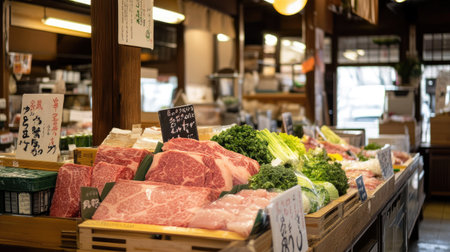 A vibrant display at a traditional Japanese market showcasing fresh vegetables, high-quality meat, and seafood, reflecting local culture and food diversity.の素材