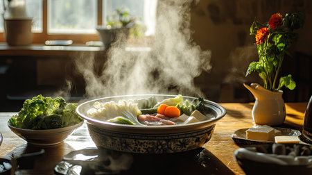 Experience the warmth of traditional Japanese Shabu Shabu, featuring a steaming hot pot filled with fresh vegetables, tofu, and meats, perfect for communal dining.の素材