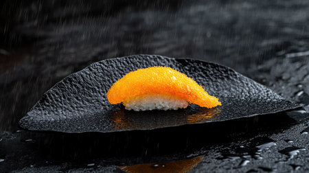 Experience the vibrant colors of sushi nigiri elegantly served on a sleek black plate, showcasing the art of Japanese cuisine and culinary excellence.の素材