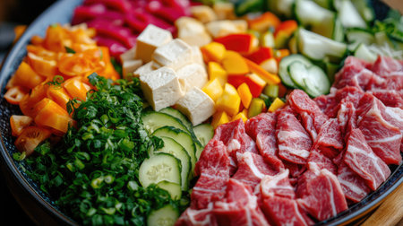 A vibrant platter showcasing thinly sliced beef alongside a variety of fresh vegetables, perfect for gatherings and meal preparations. Ideal for healthy dining.の素材
