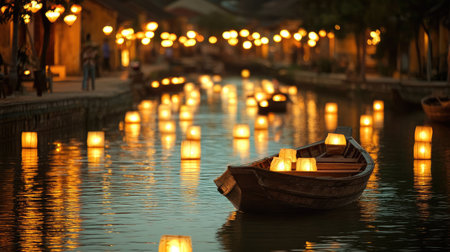 A traditional wooden sampan floats gracefully on a tranquil river, illuminated by glowing lanterns. This enchanting nighttime scene captures the essence of cultural heritage and peaceful ambiance.の素材